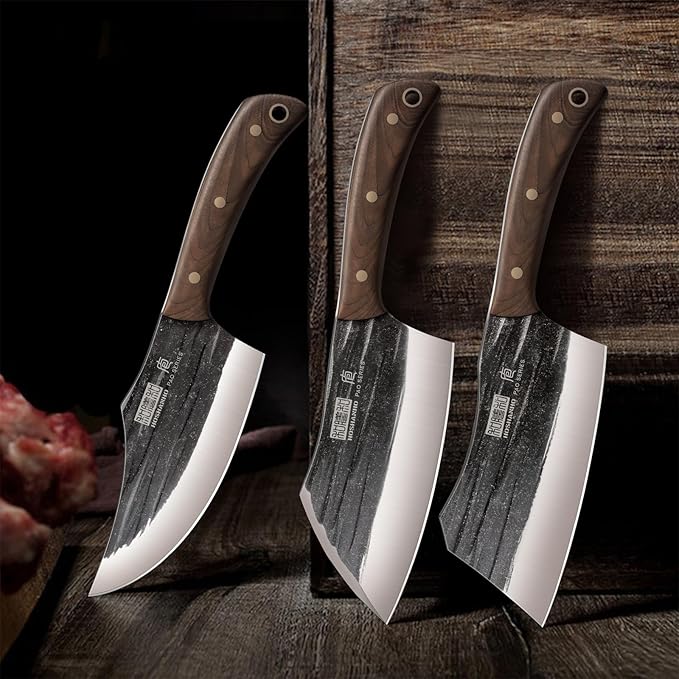 Butcher Knife Set, 3-Piece High Carbon Steel Serbian Chef Knife Set of Heavy Duty Boning Knife & Meat Cleaver Knives & Viking Knives for Home, Cooking, Outdoor Camping BBQ