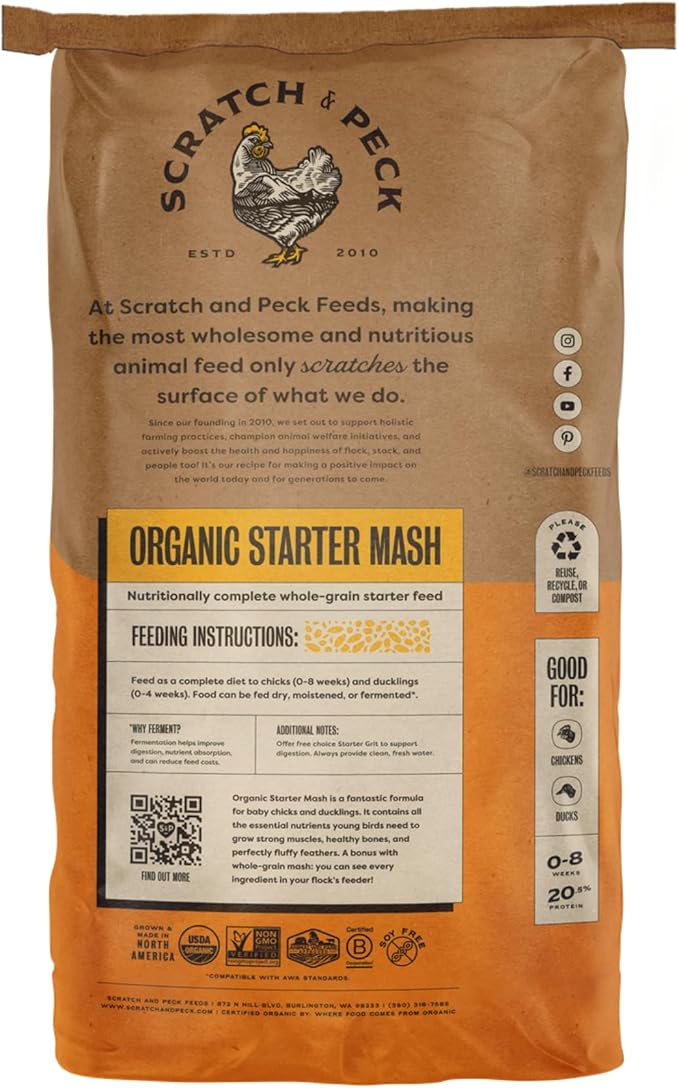 Scratch and Peck Feeds Whole Grain Starter Mash Chicken and Duck Feed - Corn-Free and Soy-Free - 20.5% Protein, Certified Organic and Non-GMO Project Verified Chicken Food - 50 lbs Bag