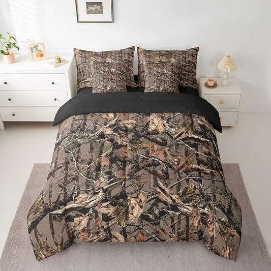 Feelyou Tree Branches 7 Pieces Bedding Set, for Kids Wild Hunting Leaf Bed Set King Size Botanical Tree Bed in a Bag with Comforter, Sheets, Pillowcases Bedroom Decor Nature Theme Dark Brown