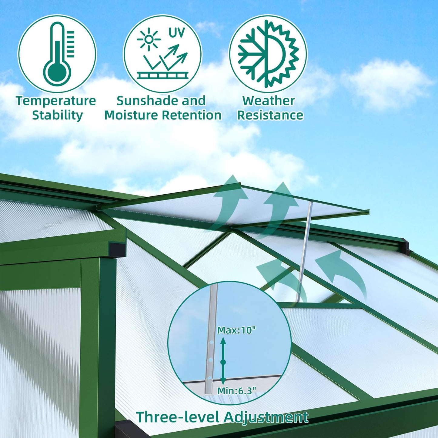 6x8 FT Large Outdoor Greenhouse with Polycarbonate Panels, Roof Vent & Heavy-Duty Aluminum Frame, Aluminum Greenhouses for Outdoors, Walk-in Garden Greenhouse for Backyard, Patio, Lawn, Easy Assembly