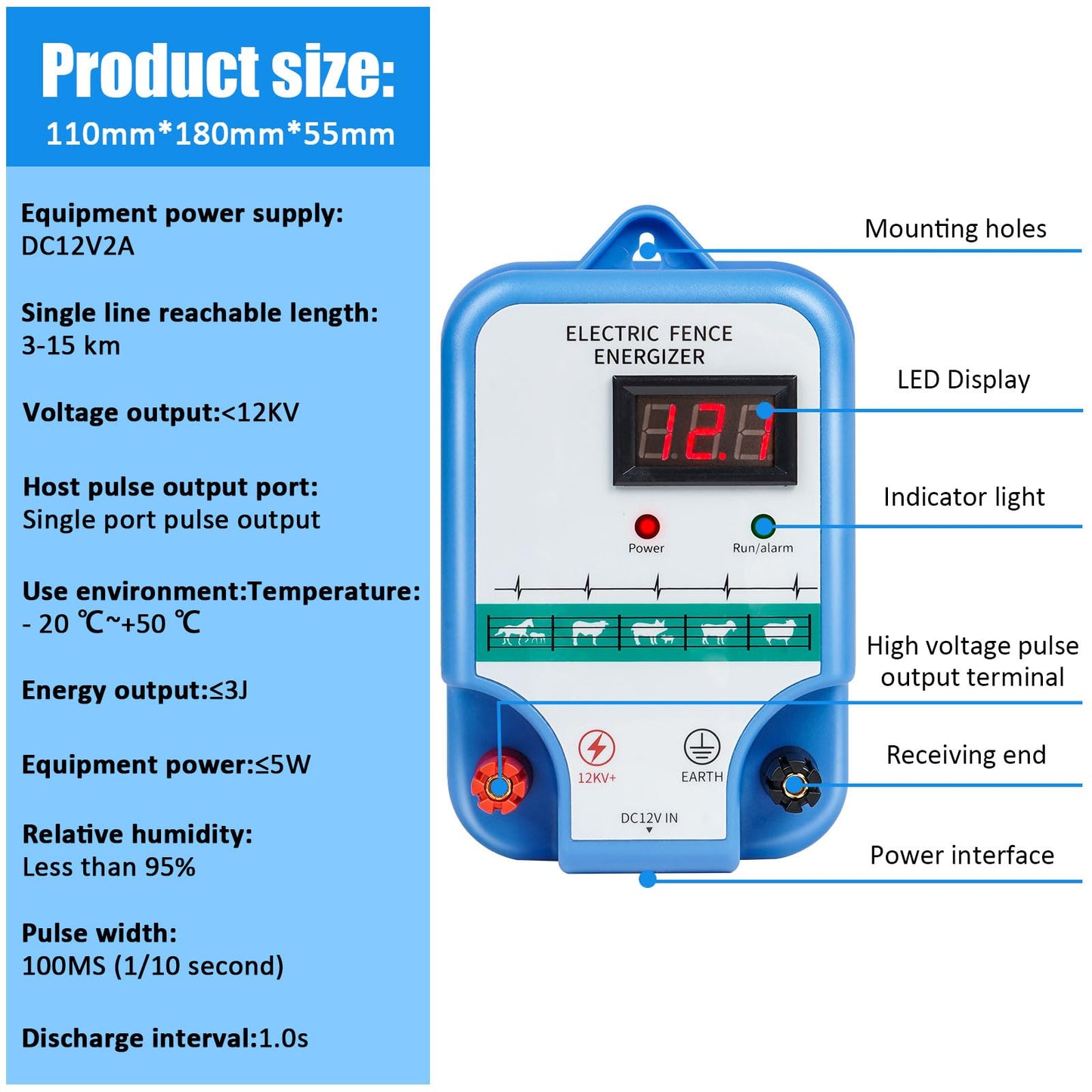 Electric Fence Charger for Livestock - 12 kV 3 Joules High-Power Electric Fence Energizer for Containing Pets Livestock and Preventing Wild Animals Intruding(7.07in)