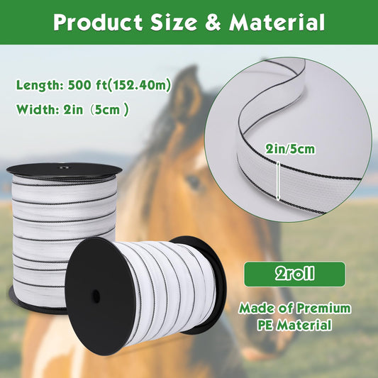 Wowangce 2 Pcs Poly Tapes for Electric Fence Horse Fence Tape Wire, 500 Feet(152.40m) Length Tape for Electric Fence, 2 Inch Wide(50.8mm) Fencing Tape for Livestock(White)