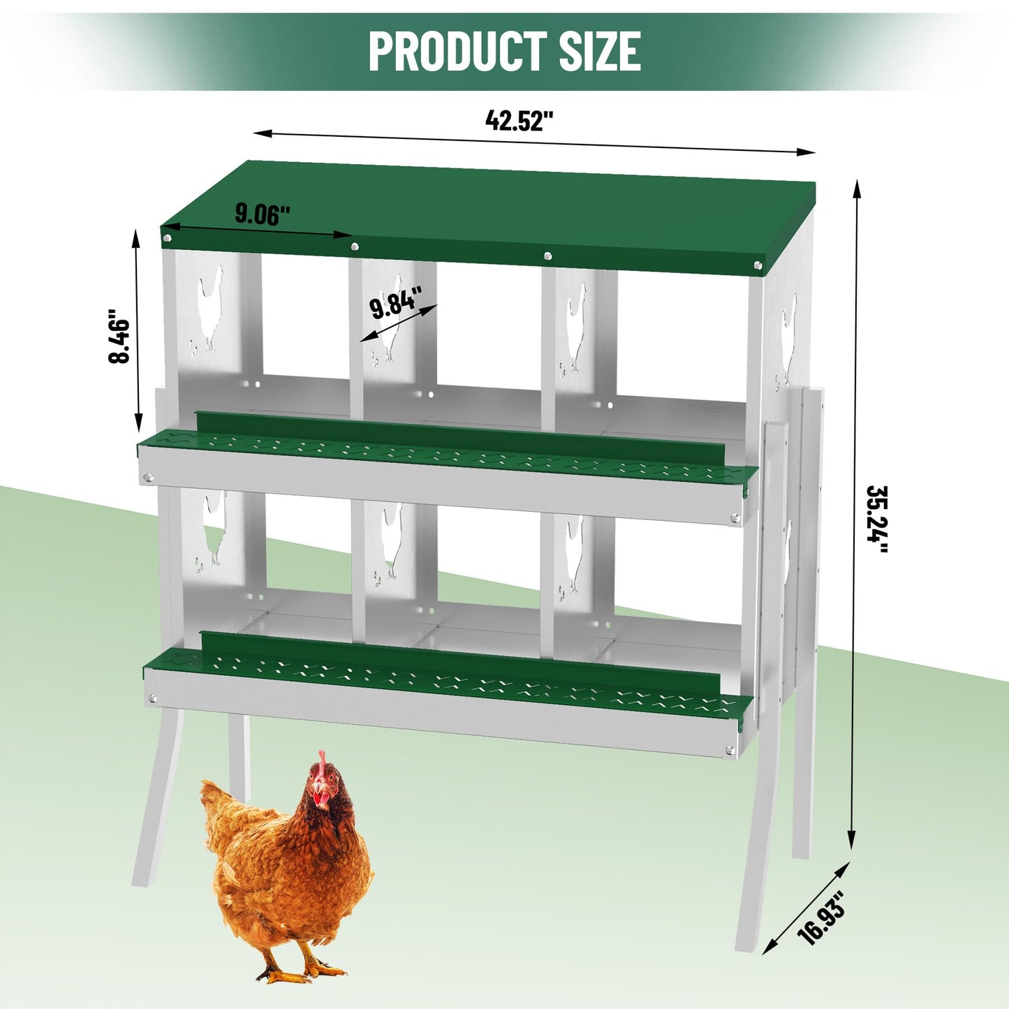 GarveeLife Nesting Boxes for Chickens, 6 Compartment Chicken Nesting Box with Metal Legs, Metal Chicken Laying Boxes with Perch, Secure Lid, Versatile Wall Mount or Free Standing for Hens, Green
