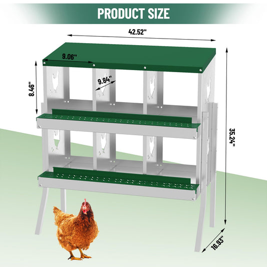 GarveeLife Nesting Boxes for Chickens, 6 Compartment Chicken Nesting Box with Metal Legs, Metal Chicken Laying Boxes with Perch, Secure Lid, Versatile Wall Mount or Free Standing for Hens, Green