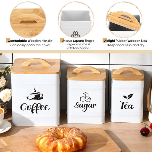 Maxdot 3 Set Coffee Sugar Tea Containers, Square Airtight Kitchen Canisters Storage Organization with Bamboo Lids, Rustic Metal Jars for Coffee Beans, Tea Leaves, Sugar, Food, Countertop(Cream)