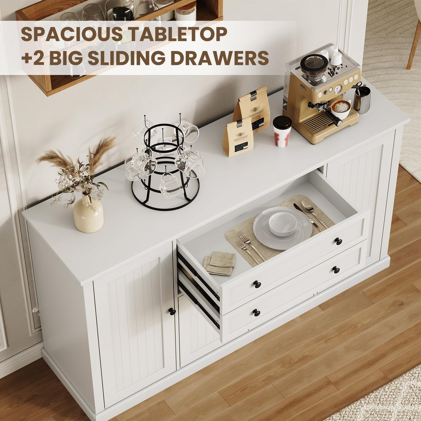 Farmhouse 58" Sideboard Buffet Cabinet with Storage, Sideboard Cabinet with 2 Drawers and 4 Grooved Barn Doors, Wood Coffee Bar Buffet Table for Kitchen, Dining Room- White