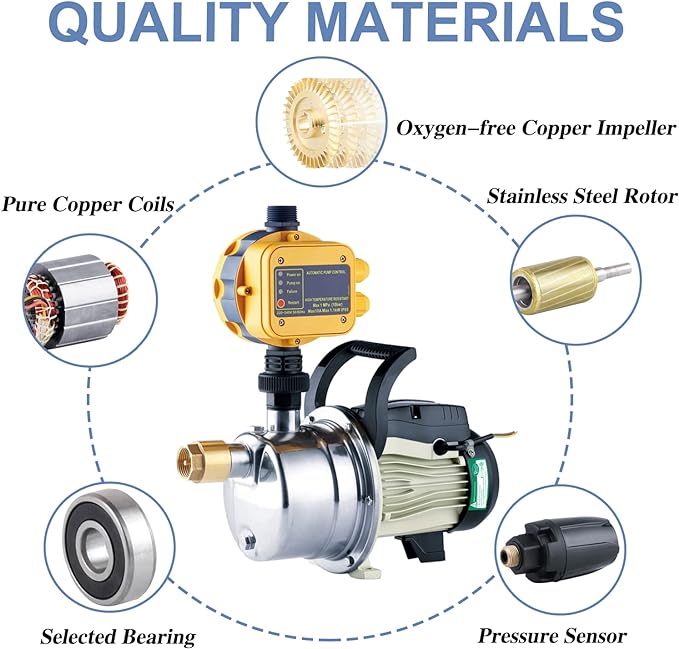 1/2 HP Water Pressure Booster Pump with Smart Controller, 845GPH, 110V, Stainless Steel Well Pump, Automatic Water Transfer Jet Pump for Home, Garden, Lawn, Irrigation