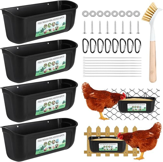 4 Pack Hanging Chicken Feeder,Fence Feeder Trough and Waterer for Goat Sheep Deer Duck Poultry Livestock,Feeding Waterer Container Bucket with Clips and Brush (Black)