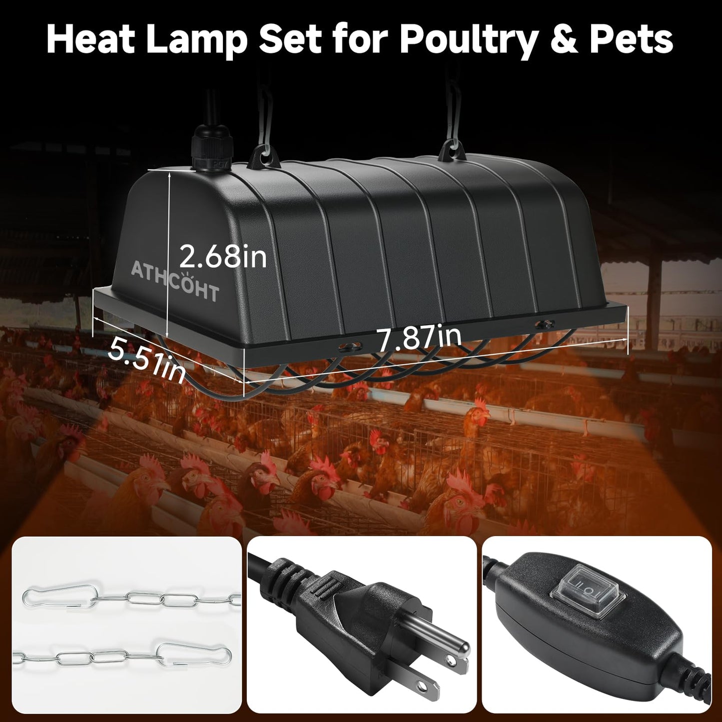 Chicken Coop Heating Lamp, Carbon Fiber Heat Lamp with 175W and 250W Bulbs, Brooder Heater with Guard, Ideal for Poultry, Livestock & Small Pets