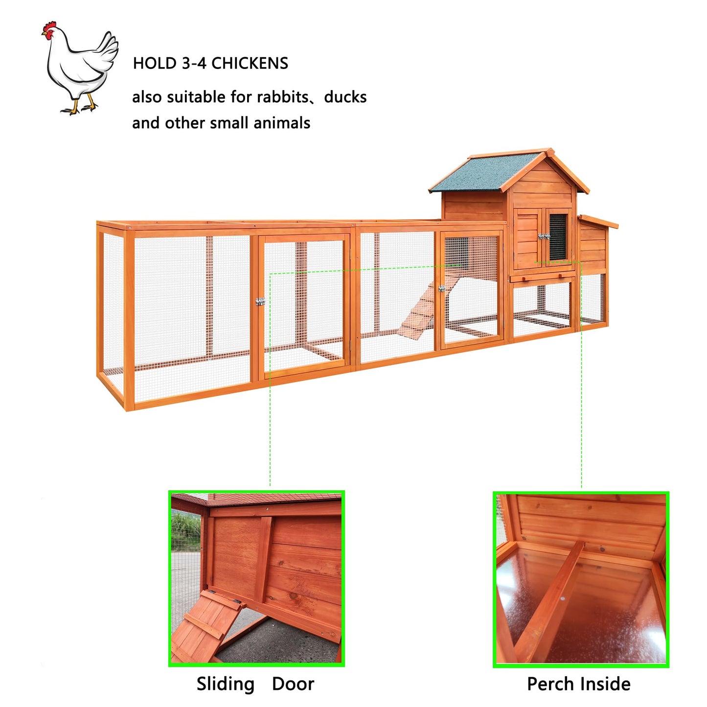 YOPTO 122" Wood Chicken Coop with Nesting Box,Outdoor Chicken Run W/Run&Perch,Wooden Large Hen House W/Ramp&Sliding Trays,Waterproof Poultry Cage W/Sloped Asphalt Roof,for Backyard Farm Use,Natural