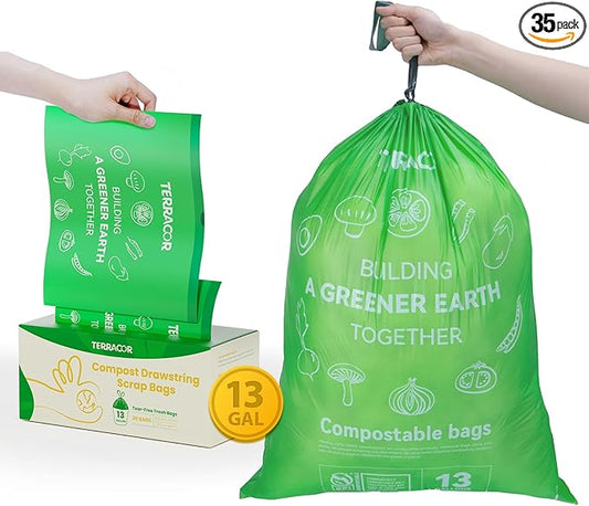 13 Gallon Compostable Trash Bags Liners Drawstring, Heavy Duty Extra Thick 1 Mil, 49.21 Liter, 35 Bags, Tall Kitchen Food Scrap Waste Bag, ASTM D6400