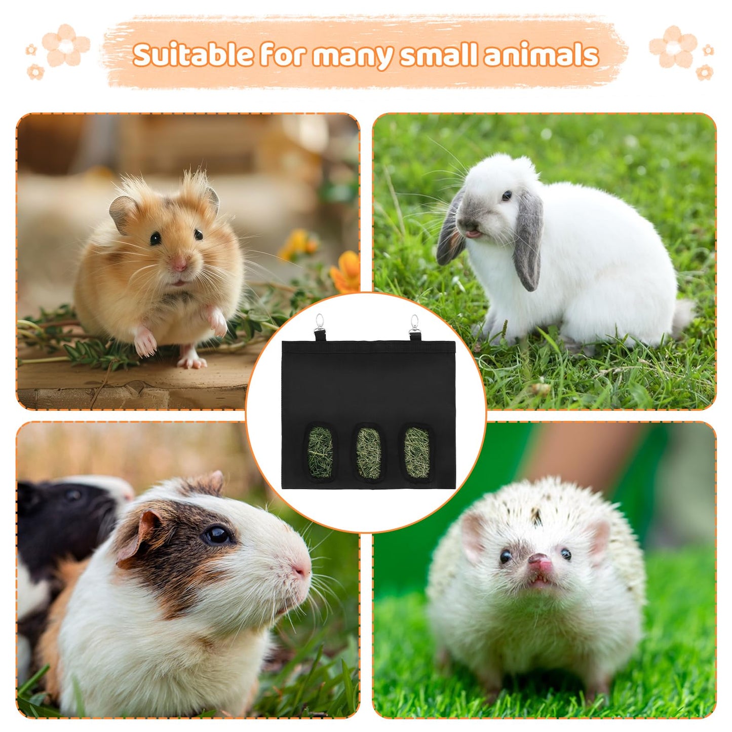 GBACHOOSE 4PCS Rabbit Hay Feeder, 3 Holes Guinea Pig Hay Feeder Bag Bunny Hay Bag for Rabbit Guinea Pig Chinchilla Hamsters Small Pets Animal