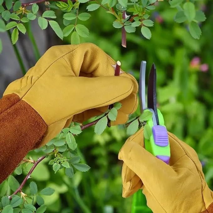 Long Gardening Gloves for Thorn Proof,Rose Pruning Cowhide Leather Garden Gloves for Cactus, Rose and Blackberry
