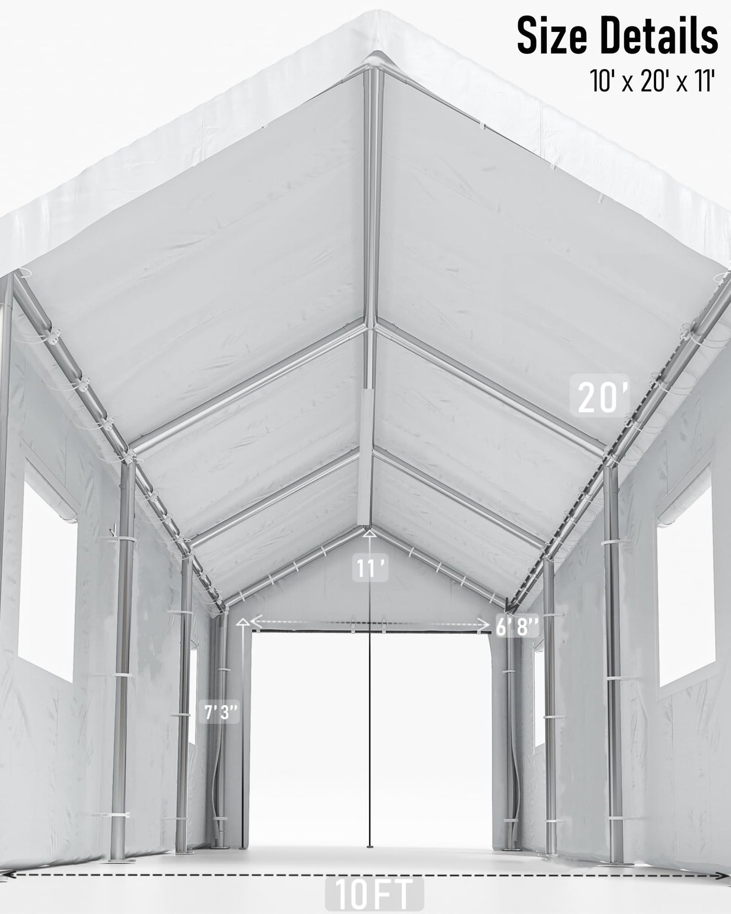 KYBOLT 10 x 20 x 11 Ft Heavy-Duty Carport, Portable Garage, 180g PE Waterproof Canopy and 8 x 1.0 mm Poles for Full-Size Pickup Trucks, Boats, and SUVs - Gray