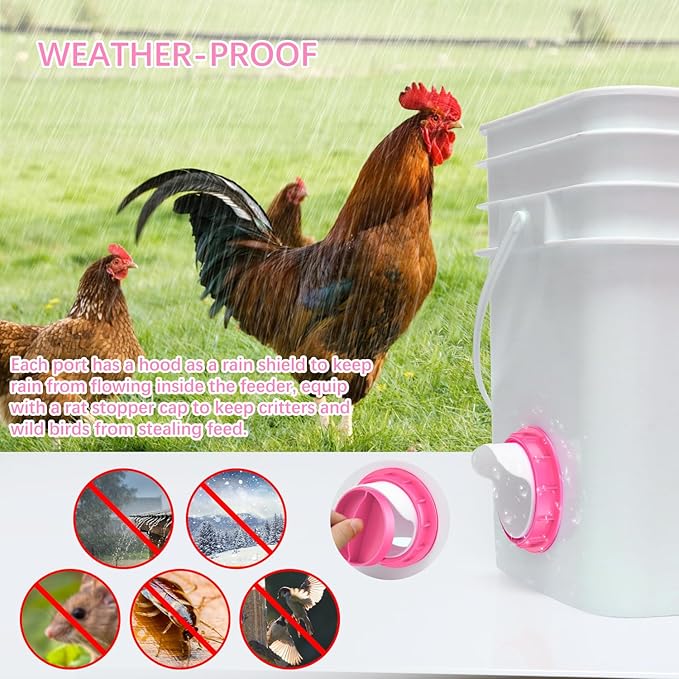 Chicken Feeders No Waste 6 Ports, 4 inch DIY Poultry Feeder with 6 Covers 1 Hole Saw, Rain Proof Automatic Gravity Chicken Feeder Kits for Buckets, Barrels, Bins, Troughs (Pink)
