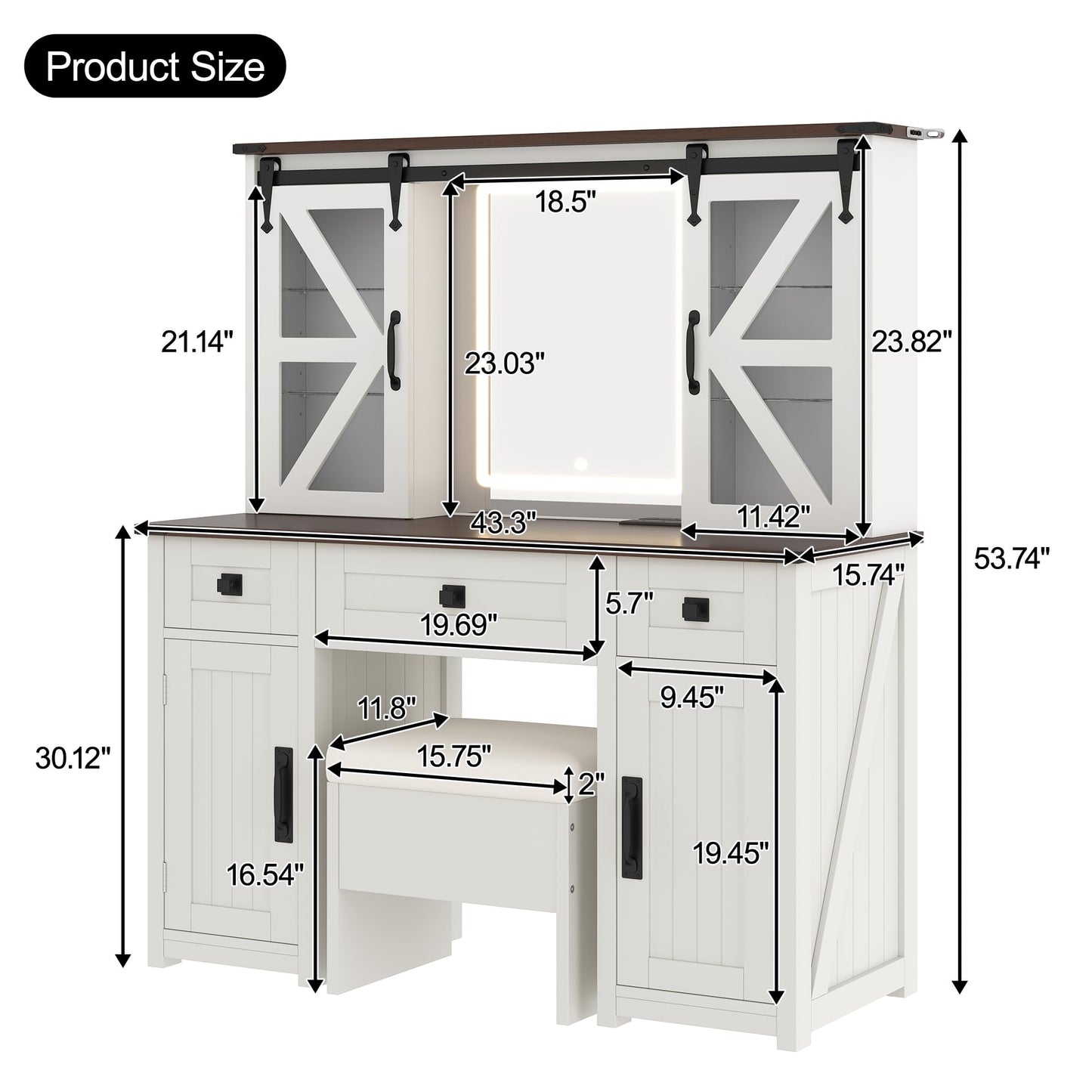 Merax 43.3" Farmhouse Makeup Vanity Desk with Lighted Mirror,Vanity Table Set with Storage Stool with Sliding Barn Door Hidden Shelves & 3 Drawers & 4 Cabinets,Beige
