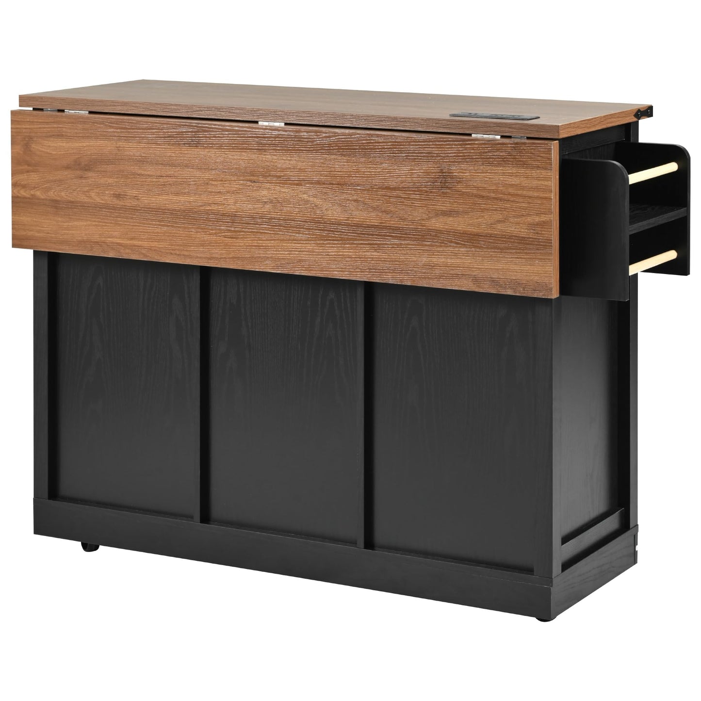 Casaphoria Kitchen Island with Storage, 53.7" Rolling Kitchen Cart on Wheels with Power Outlet, Drop Leaf, Spice Rack, Farmhouse Style, Black