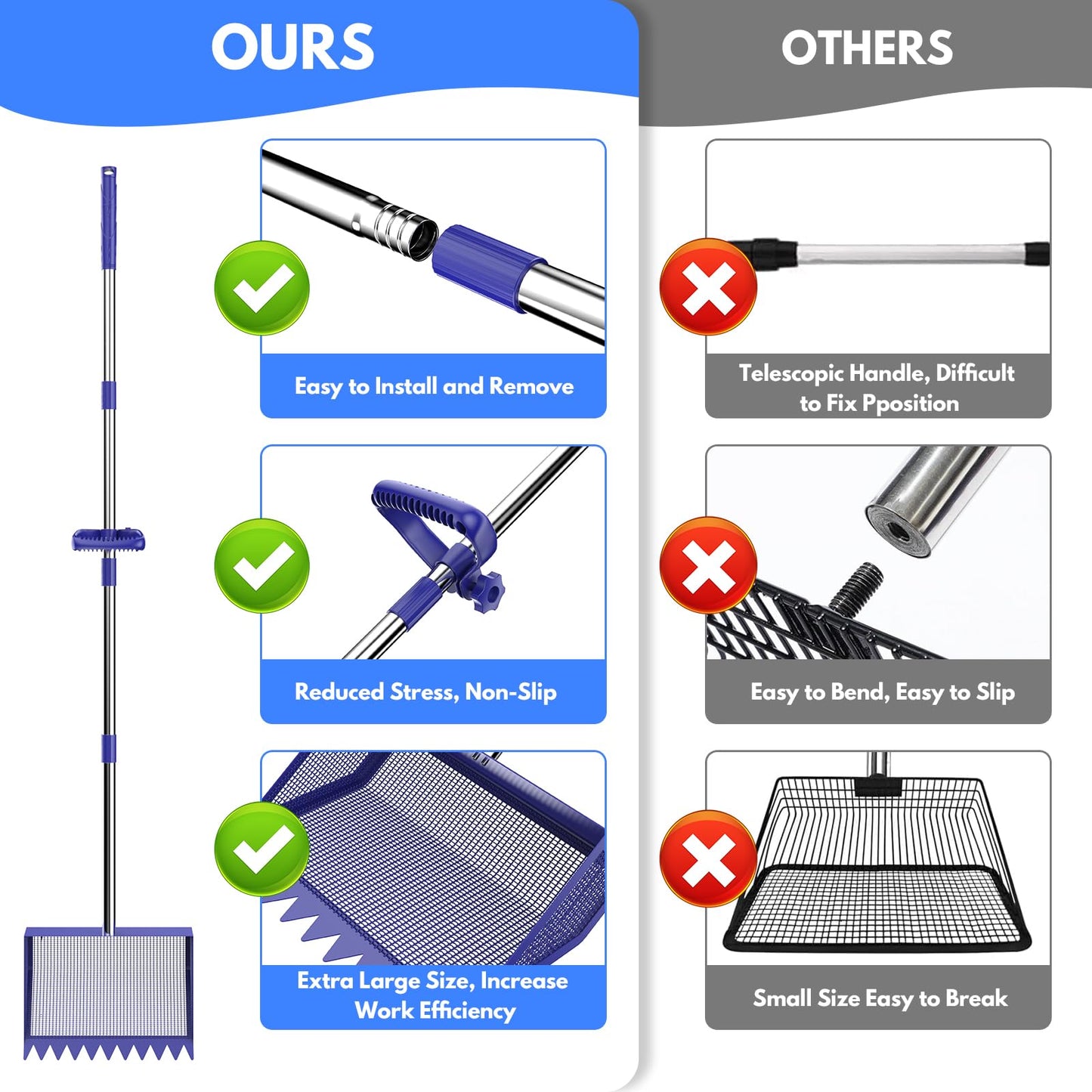 Chicken Poop Scooper & Rake 2-in-1, 304 Stainless Steel Shovel Head, Chicken Litter Scoop with Handle for Chicken Coop & Pet Waste Cleaning, Litter Sifting Shovel (35 to 65") US Patent Pending