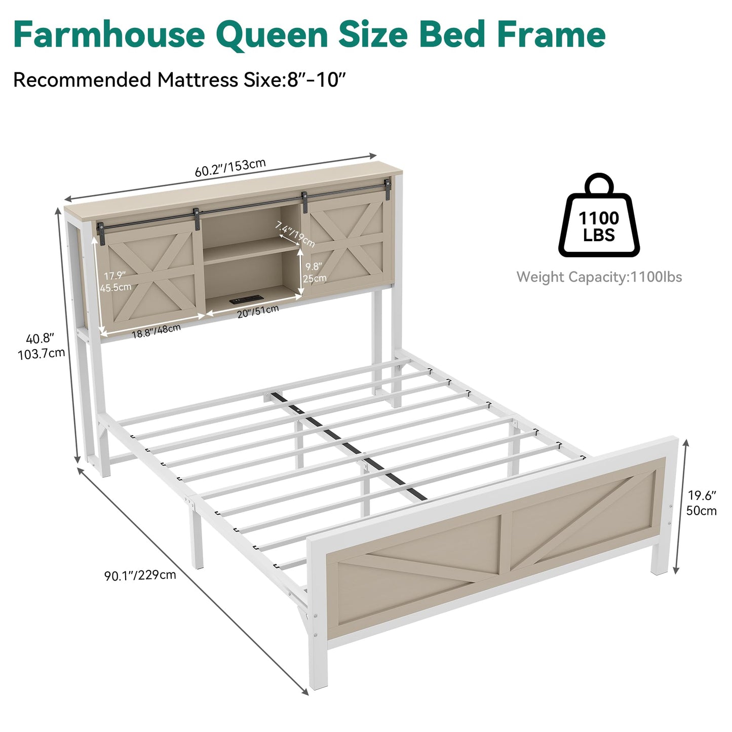 YITAHOME Farmhouse Queen Size Bed Frame w/Storage Bookcase Headboard, Sliding Barn Door, Charging Station, Rustic Wood Platform Bed w/Wood Slats Support, No Box Spring Needed, Oak