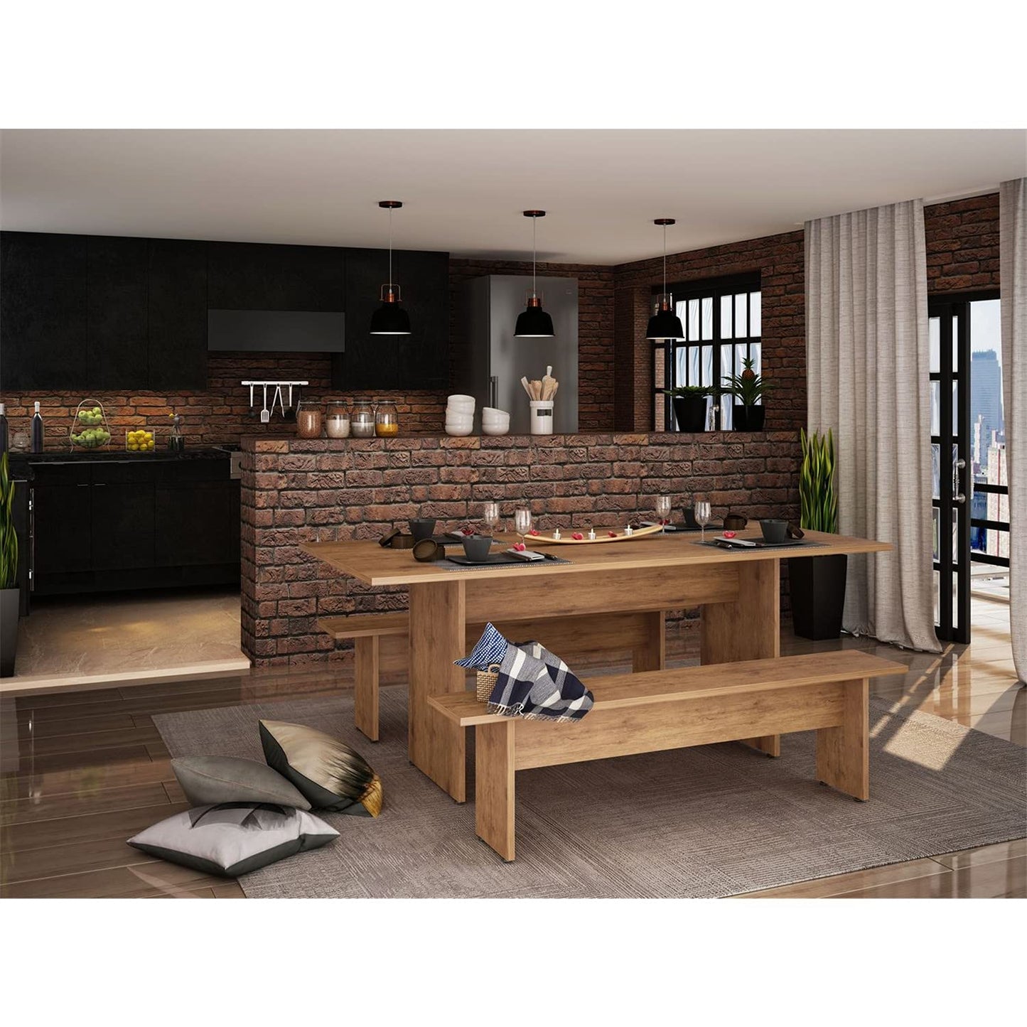 Manhattan Comfort Nomad 3 Piece Dining Set for 6 with Modern Kitchen Table and 2 Benches, Farmhouse Furniture with Rustic Wood Grain Finish, Pedestal Base, Easy Assembly, Dining Set, Nature