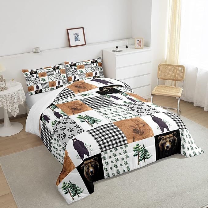 Kids Rustic Black Bear Comforter Set Queen Woodland Animal Bedding Set For Boys Teen Men,Patchwork Black White Grey Buffalo Plaid Comforter Farmhouse Wooden Pine Tree Bear Paw Quilt Duvet 3 Pcs