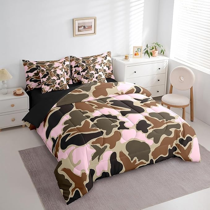 Feelyou Duck Hunter Pink Camouflage Hunting 7 Pieces Bedding Set, Queen Size Black Brown All Season,Bed in a Bag with Comforter, Sheets, Pillowcases Camo Army Bed Set Breathable Wild Room Decor