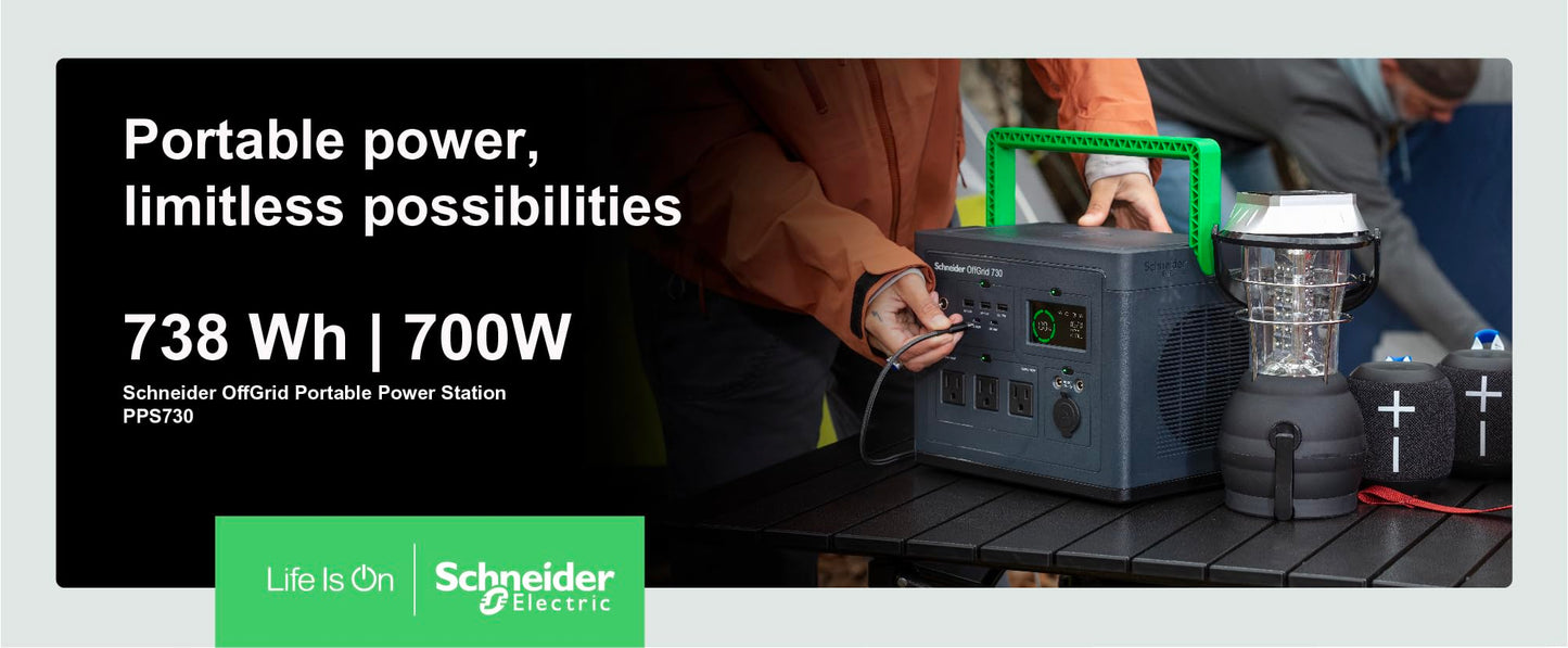 Schneider OffGrid Portable Power Station 738W / 728Wh Portable Solar Generator for Camping or Home, PPS730, Wireless phone charger, solar generator options