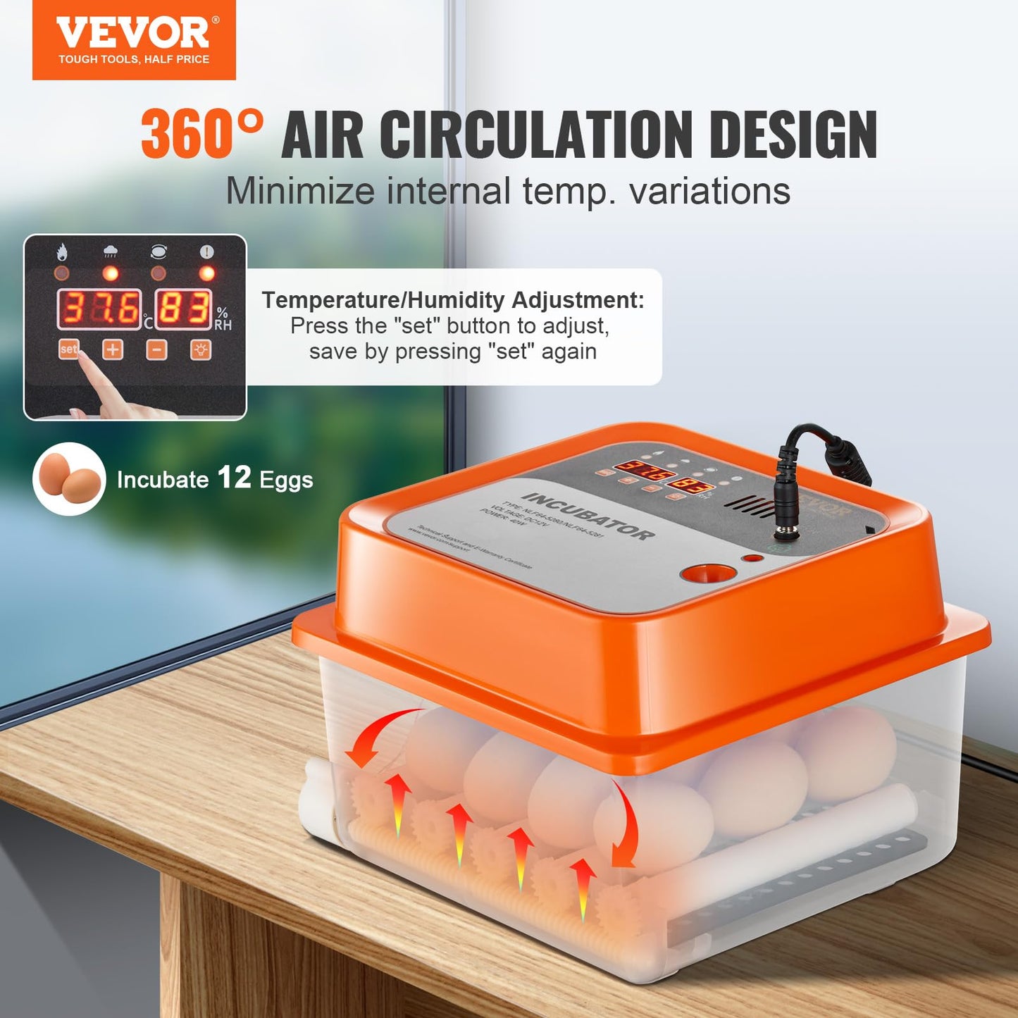 VEVOR 12 Egg Incubator, Incubators for Hatching Eggs, 360° Automatic Egg Turner with Temperature and Humidity Display, 12 Eggs Poultry Hatcher with ABS Transparent Shell for Chicken, Duck, Quail