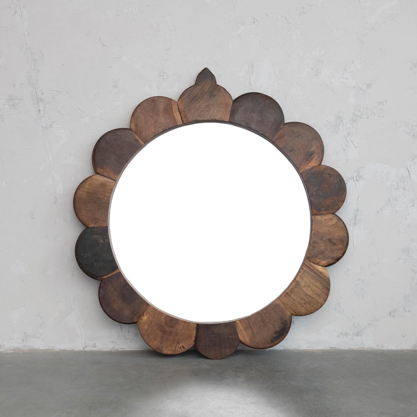 35 Inches Round Vintage Reclaimed Wood Framed Scalloped Wall Mirror, Natural