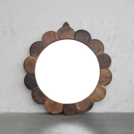 35 Inches Round Vintage Reclaimed Wood Framed Scalloped Wall Mirror, Natural
