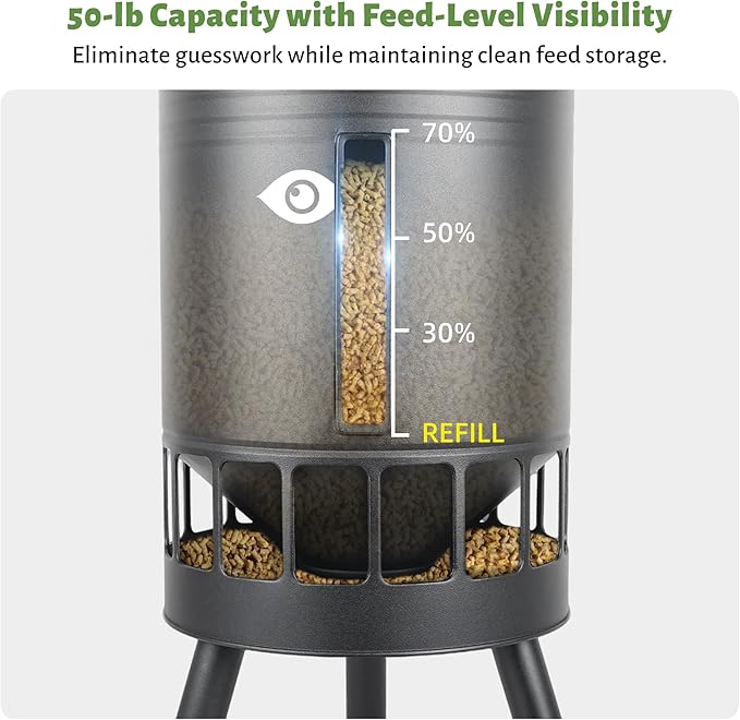KOL Metal Chicken Feeder No Waste - 50lbs Poultry Feeder with 16 Ports, Powder Coated Rust-Proof Design & Smooth Edges for Safe Feeding (Black)