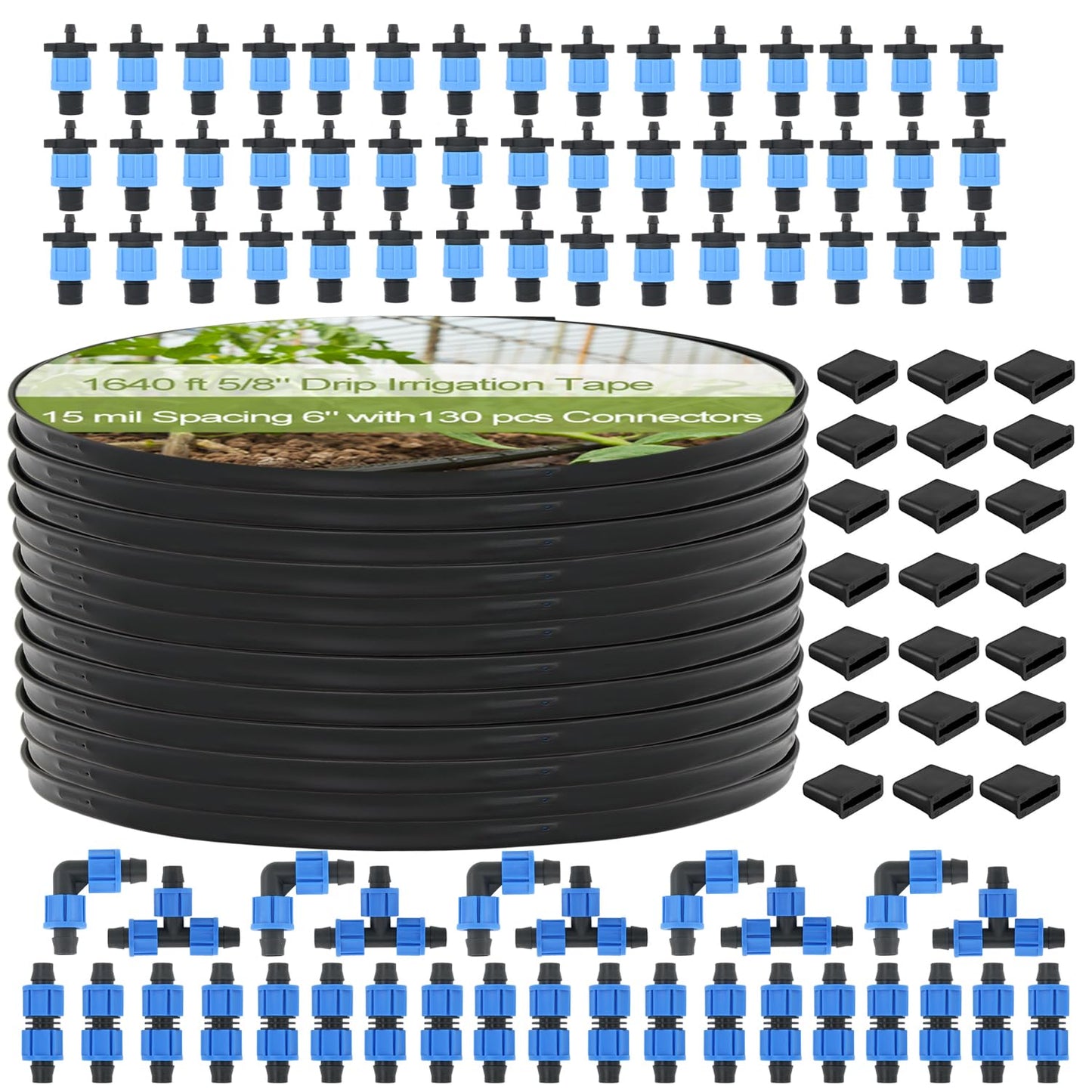 1640 ft 5/8" Drip Irrigation Tape Kit 15 mil Emitter Spacing 6" Flat Drip Tape with 130 PCS Drip Tape Connectors Automatic Irrigation Equipment for Garden Irrigation Emitter Flow:0.79 GPH