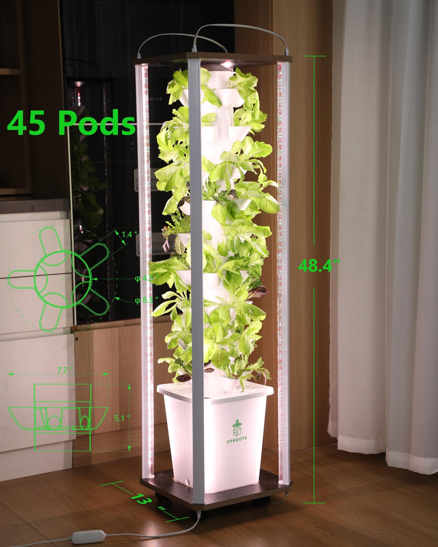 DPROOTS Hydroponics Tower Growing System，45 Pods Vertical Indoor Garden，360° Full-Spectrum Lights, Automatic Water Circulation System，Suitable for Leafy Greens and Herbs，Include Seed Starter Tray