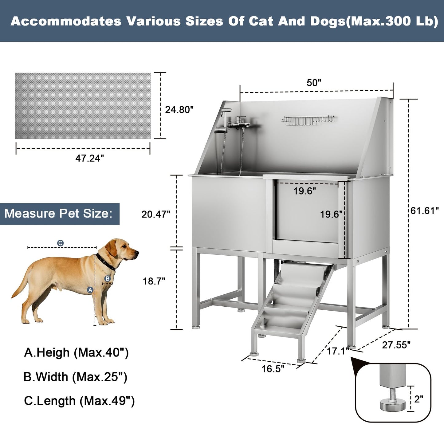 50" Stainless Steel Dog Grooming Tub, Large Dog Bathing Station with Non-Slip Retractable Ramp & Right Door, Heavy Duty Pet Washing Sink w/Non-Slip Floor Grate, Bath Brush, Washing Gloves