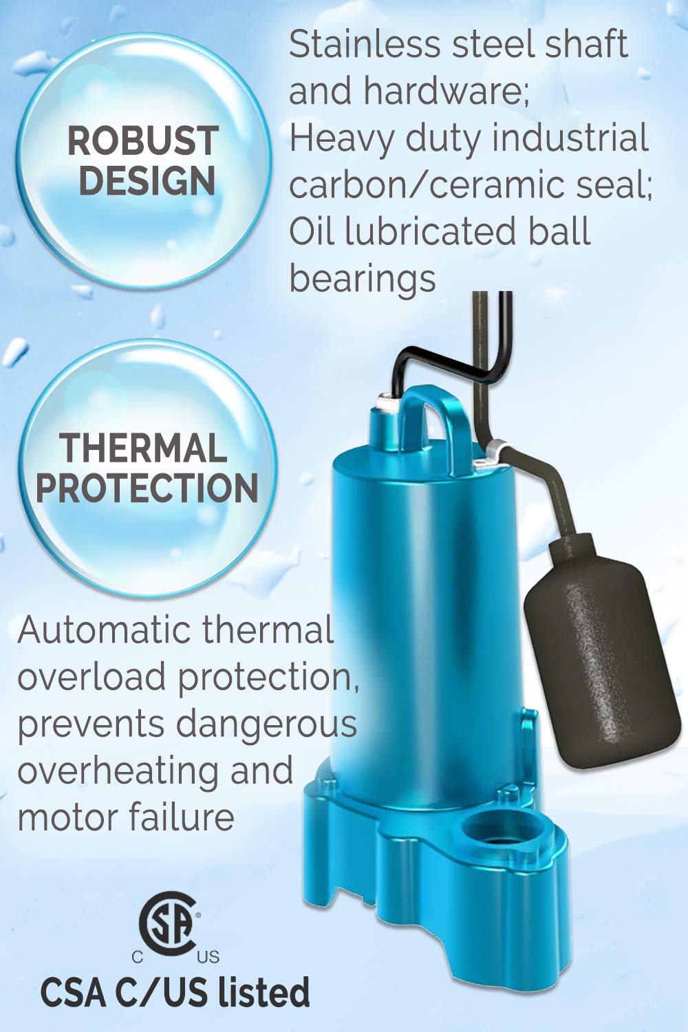 Barnes 115369 Model SP75AX Submersible Sump Pump - High-Efficiency for Residential Use, Cast Iron Vortex Impeller, 3/4 HP, 4800 GPH, Piggy Back Mechanical Float Switch, 20' Waterproof Cord