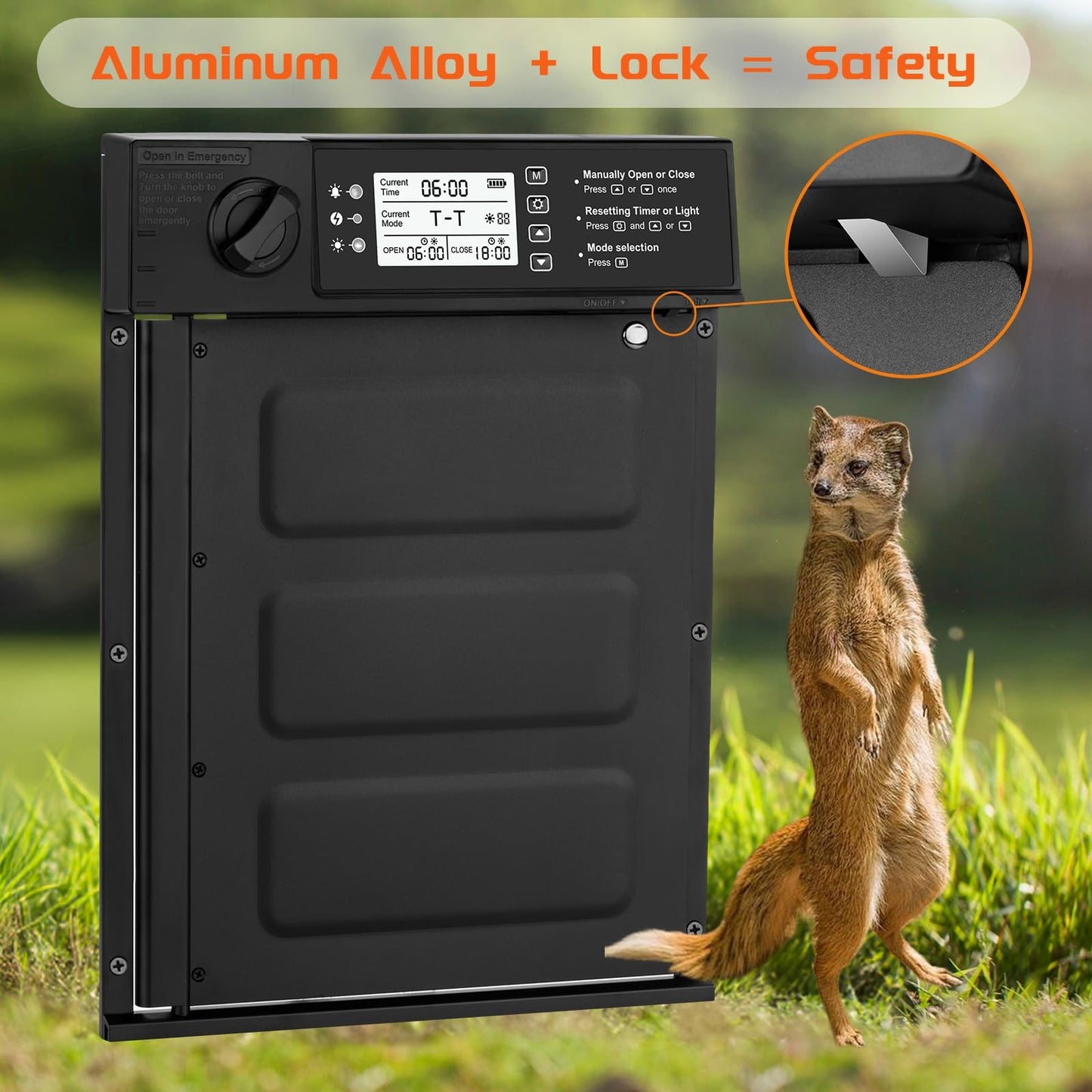 Doirdon Automatic Chicken Coop Door Solar Powered, Cold Weather Electric Chicken Door Large Size Aluminum Door with Light Sensor & Timer with Power Off Emergency Mode 14.9" H x 11" W