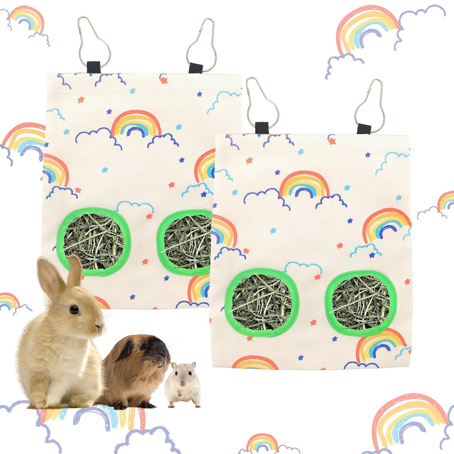 2Pcs Hay Bag for Rabbits - 2 Holes 9×11.5 Inch Colorful Rainbow Guinea Pig Hanging Hay Feeder Bags Washable Bunny Hay Bag Storage Dispenser for Guinea Pig Chinchilla Hamster Bunny Small Animal Pet