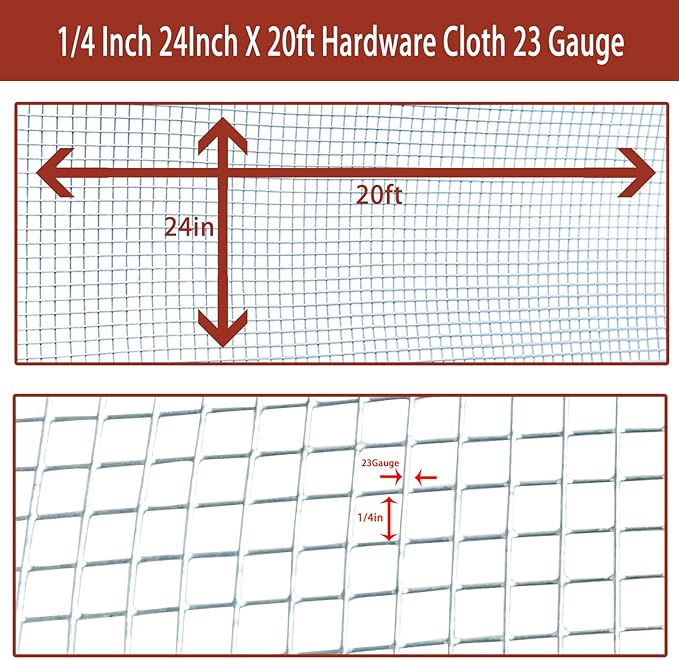 Galvanized Hardware Cloth 24in X 20ft, 1/4 Inch 23 Gauge Galvanized After Welding Square Mesh, Wire Mesh, Chicken Wire Fence, Rabbit/Snake Fences - Wire cage for Protecting Vegetables, Garden & Home