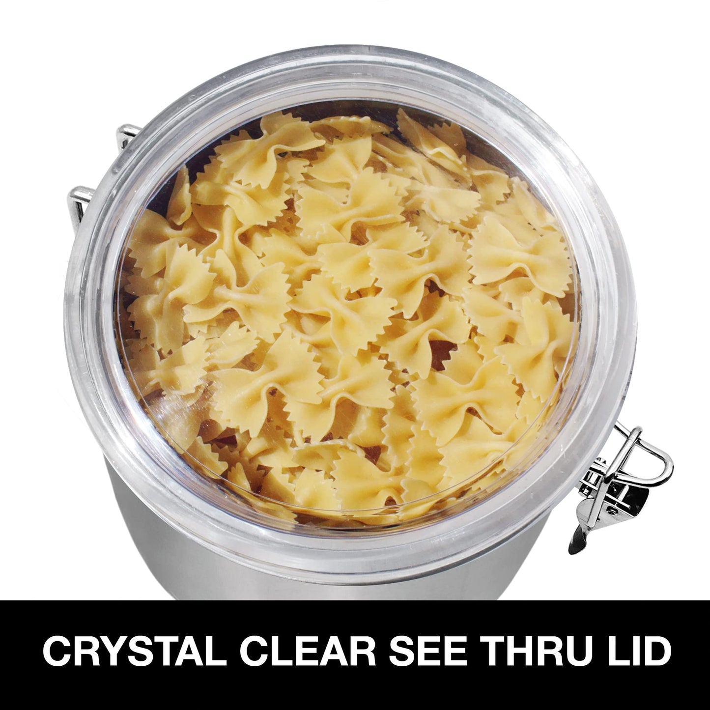 Oggi Stainless Steel Kitchen Canister 152 fl oz - Airtight Clamp Lid, Clear See-Thru Top - Ideal for Kitchen Storage, Food Storage, Pantry Storage. Jumbo Size 8" x 8".
