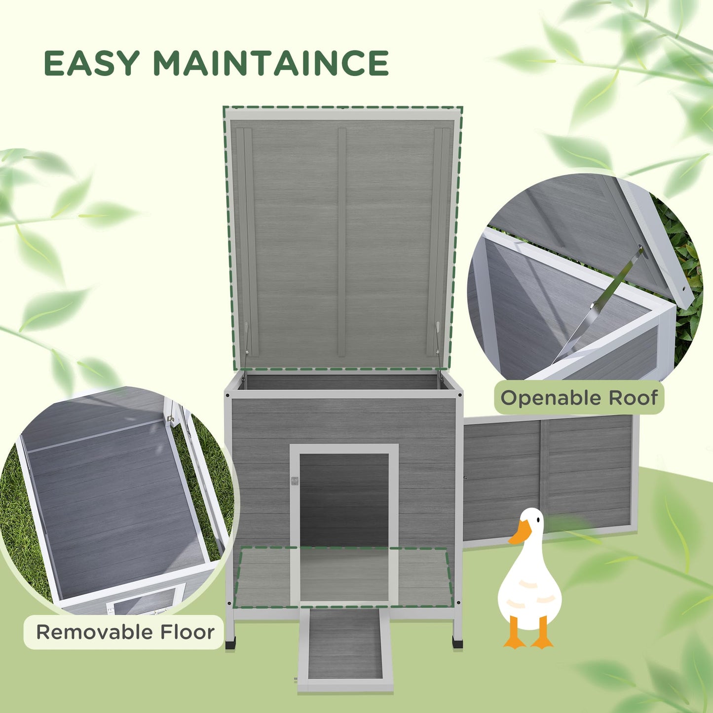 PawHut Duck Coop, Wooden Chicken House Rabbit Hutch with Openable Roof, Removable Floor, Double Doors, Ramp, Duck House for 2-4 Chickens, Geese, 25" x 32" x 30"