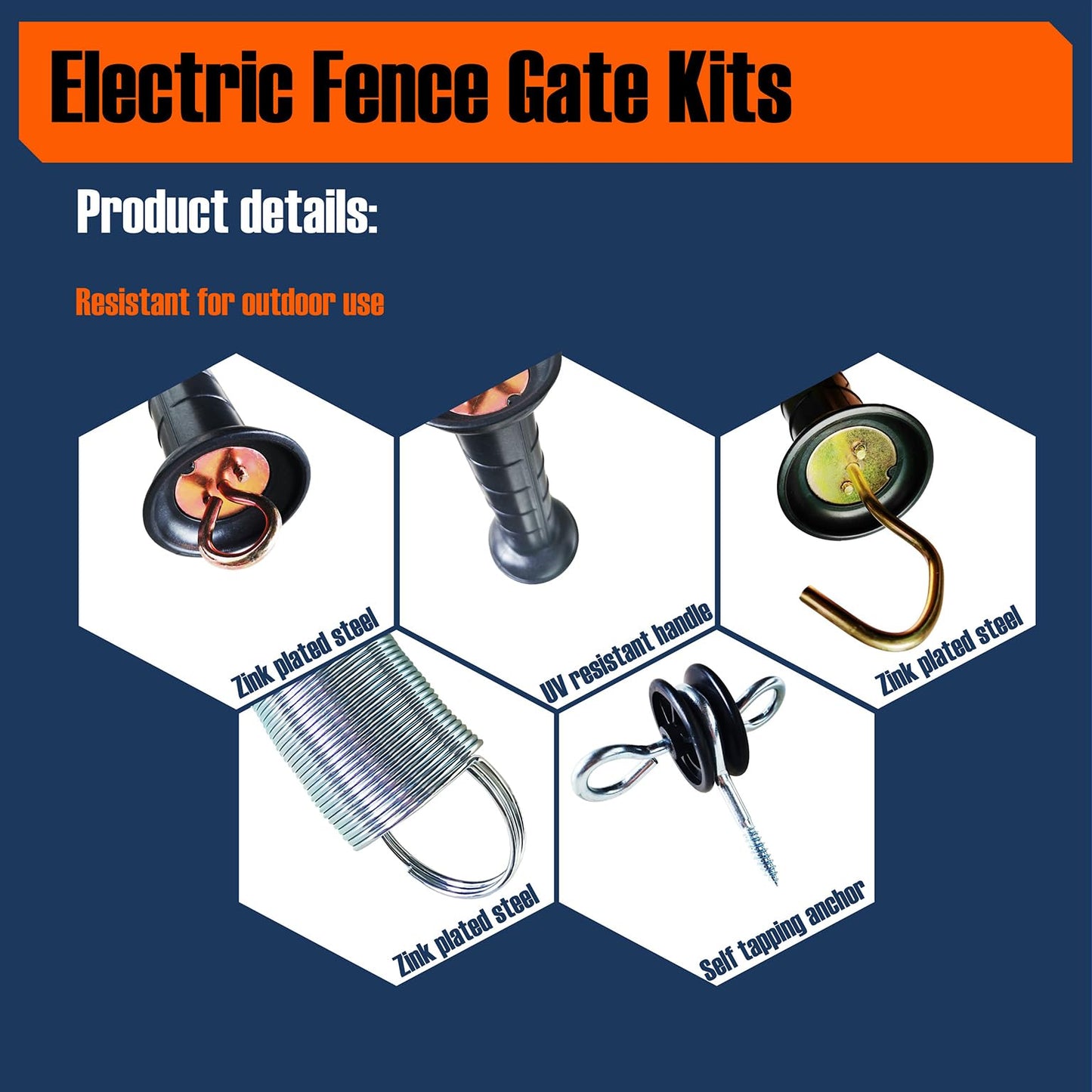QMARK Electric Fence Gate Kit, Electric Fence Handle Set, Spring Gate Handle Set with 2 Tension Springs, 4 Corner Ends 2 Black Handles