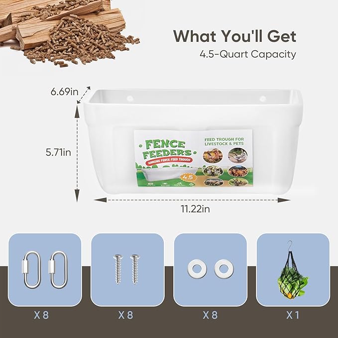 4 Pack Chicken Feeders, 4.5 Quart Goat Hanging Fence Feeders, with Hooks, Screws, & Chicken Coop Treat Bag, Livestock Feeders Water Bucket for Chickens, Ducks, Dogs, Cows, Sheep, Rabbits