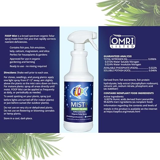 FOOP Mist - Organic Foliar Spray Made from Fish Manure (with Fresh Minty Scent) | Corrects & Prevents Plant Nutrient Deficiencies | Ready to Use, No Mixing Required (32oz, 2 Pack)