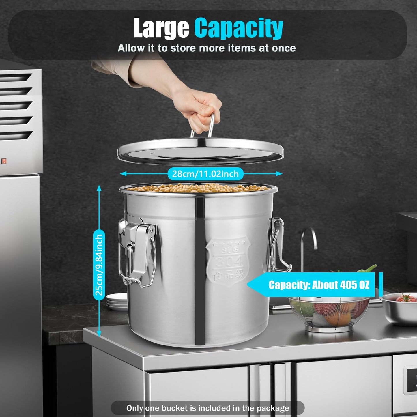 304 Stainless Steel Airtight Canister for Home, Rice Cereal Grain Canisters Container, Metal Kitchen Rice Oil Storage Bucket for Household Kitchen Food w/Handles+Lid (Silver-12L)