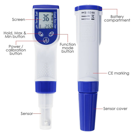 TEKCOPLUS 6-in-1 Water Quality Tester, Waterproof Digital Pen Type Multiparameter Water Tester Combo Pen with pH/ORP/EC/TDS/Salinity/Temperature Testing Kit and Replaceable ORP Probe