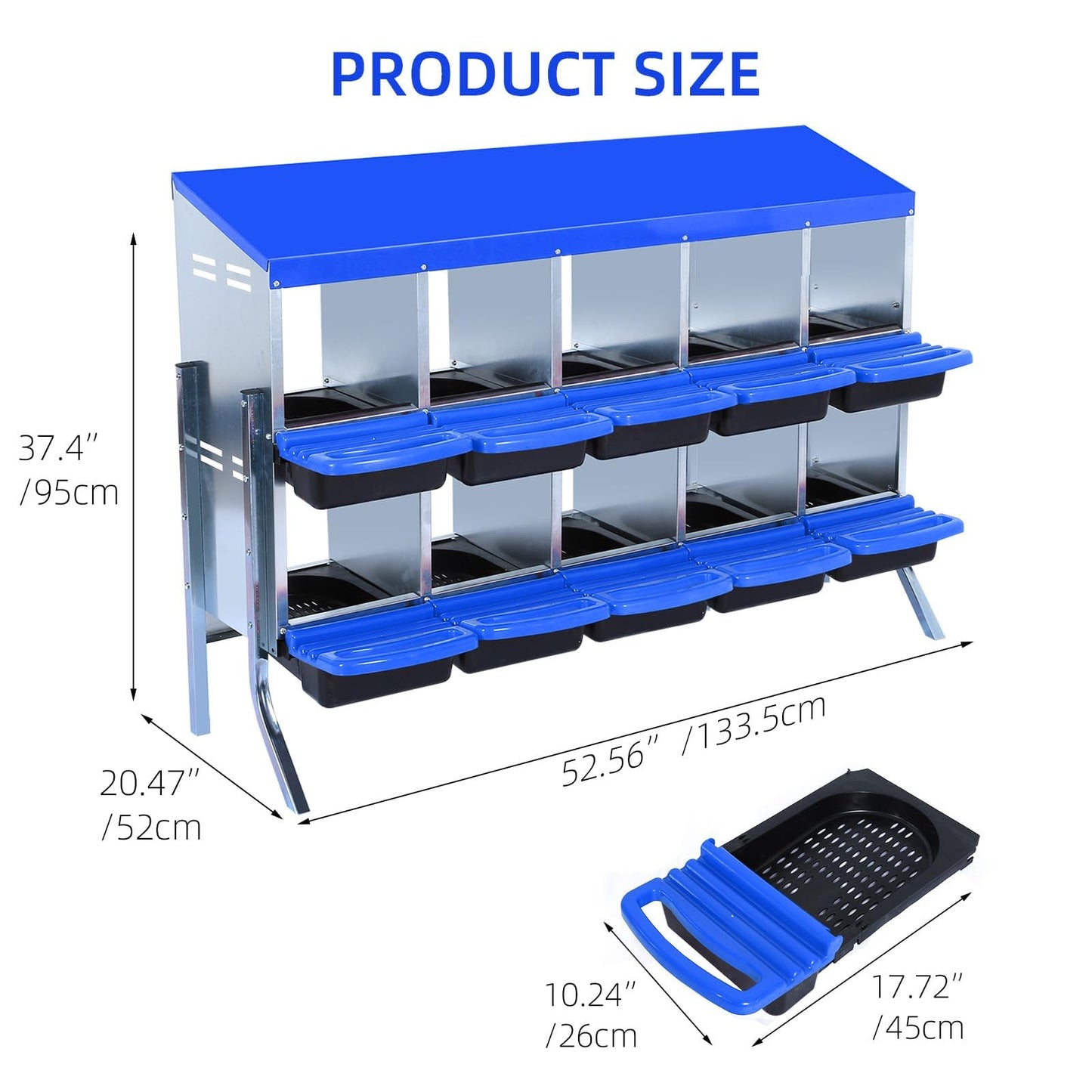 Chicken Nesting Boxes, 10 Hole Metal Chicken Laying Box with with Removable Trays and Roll Out Egg Collection for Chicken Coop, with Metal Bracket, Blue