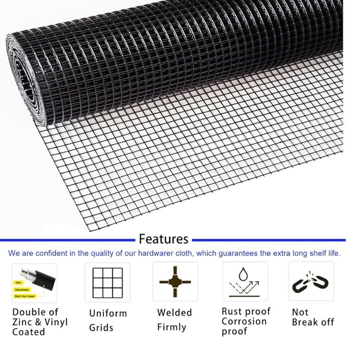 Hardware Cloth 1 inch Black Vinyl Coated Wire Mesh 24" x 50' Welded Wire Fencing 16Gauge, PVC Coating Chicken Wire Fence,Welded Wire Mesh Roll for Garden Guard Fence Poultry Cage Net Fencing