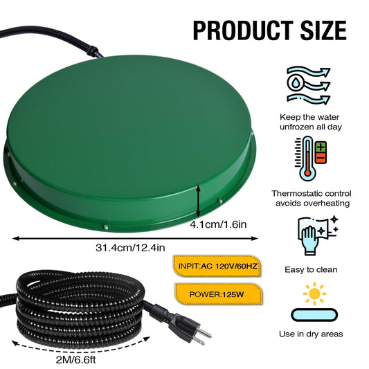 Shaledig 1 Pack Chicken Water Heater for Winter, 125W Thermostat Chicken Waterer Heating Base with 6.6FT Anti-Bite Power Cord for 3–5 Gal Metal Plastic Poultry Fountains Waterer 12.4In Dia Green