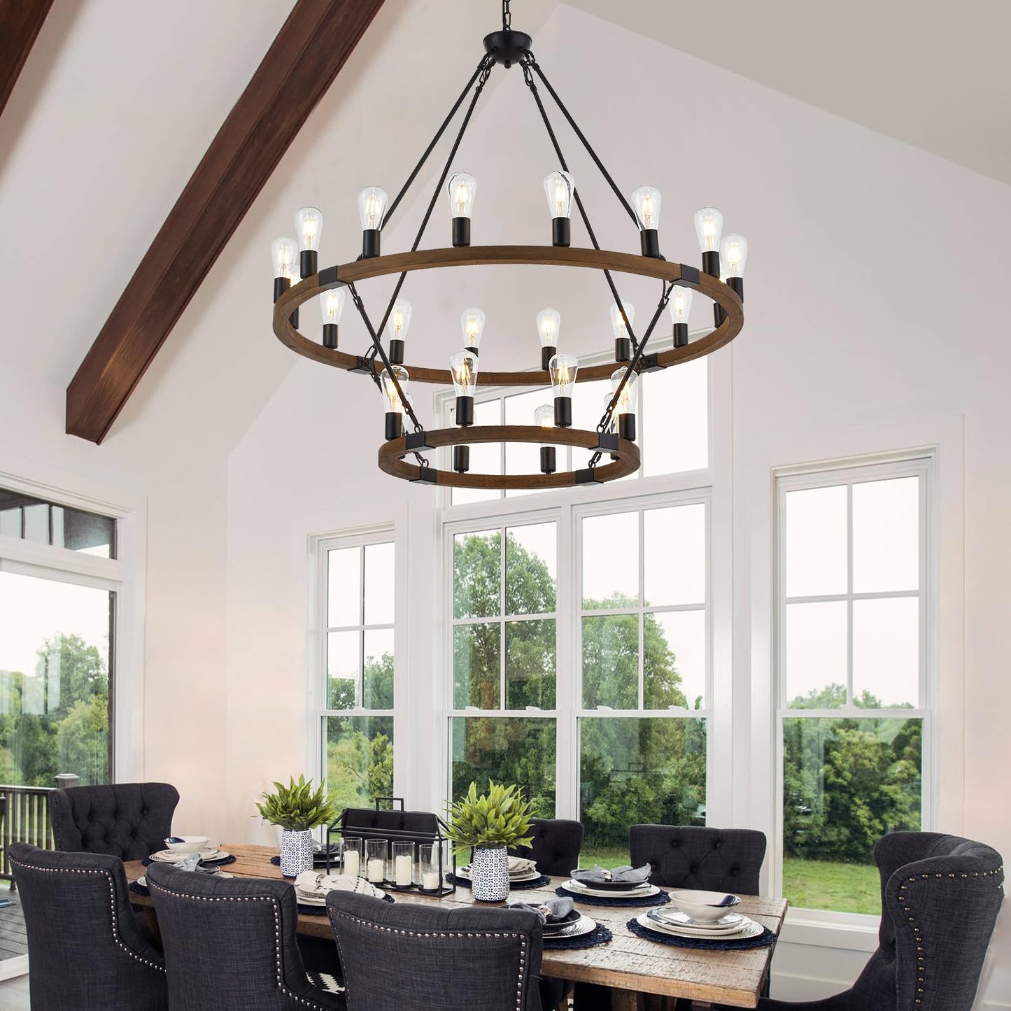 brfaixla 2 Tiers Wagon Wheel Chandelier Wooden Farmhouse 24-Light(16+8) 43.34’’ Brown, Black Metal Chandeliers 2-Story Rustic Light Fixtures Industrial for High Ceiling Living Dining Room Foyer