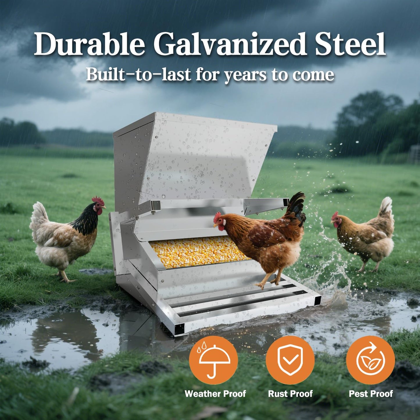 BUYYAH 40lb Automatic Metal Treadle Feeder, Sturdy Galvanized Steel Poultry Feeders, Automatic Chicken Feeder, Suitable for Chicken, Geese, Ducks, Turkeys and Quails